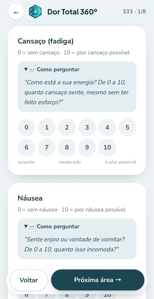 Tela de avaliação do app mostrando o item Cansaço com o roteiro de como perguntar